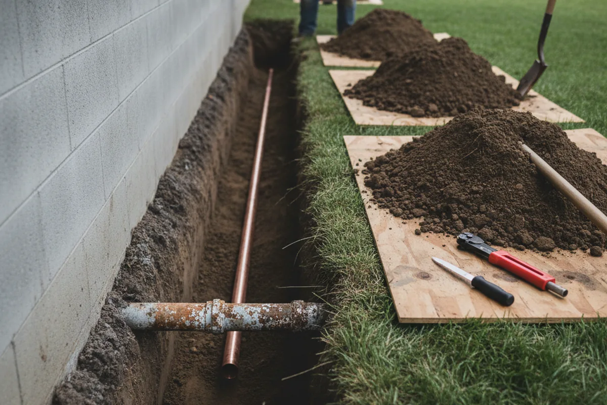 Excavated water line trench during Water Heater Repair in Copper Hill